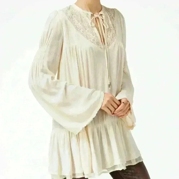 Free People Navy One Night Victorian Peasant Key Hole Back Rayon Tunic Size M - Picture 15 of 16